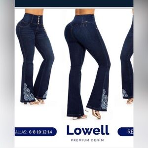 Women's Dark Blue Embroidered Wide Leg Jeans COLOMBIANO